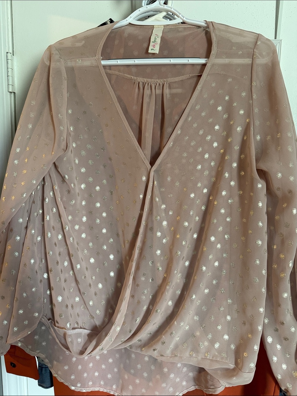 Sheer Rose Blush Metallic Dot Wrap Blouse